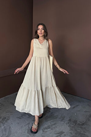 ETEKUCU FIRFIRLI SIRTI BAĞLAMA DETAYLI SALAŞ ELBİSE - Bej