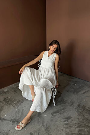 ETEKUCU FIRFIRLI SIRTI BAĞLAMA DETAYLI SALAŞ ELBİSE - Beyaz