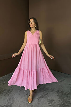 ETEKUCU FIRFIRLI SIRTI BAĞLAMA DETAYLI SALAŞ ELBİSE - Pembe