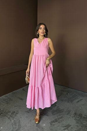 ETEKUCU FIRFIRLI SIRTI BAĞLAMA DETAYLI SALAŞ ELBİSE - Pembe