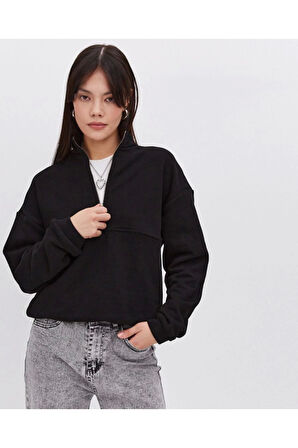 Oversize Yarım Farmuarlı Yakalı Basic SweatShirt - Siyah