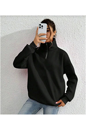 Unisex Uzun Kol Yarım Farmuarlı Yakalı Basic SweatShirt - Siyah