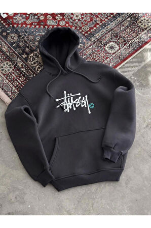 Üç İplik Kapşonlu Baskılı SweatShirt - Füme