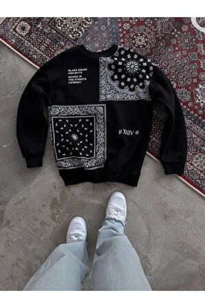 Desenli Üç İplik Bisiklet Yaka Oversize SweatShirt - Siyah