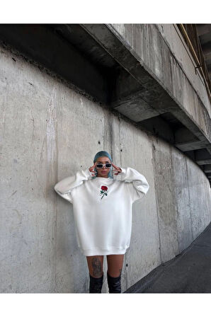 Oversize Üç İplik Bisiklet Yaka Baskılı SweatShirt - Beyaz