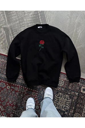 Oversize Üç İplik Bisiklet Yaka Baskılı SweatShirt - Siyah