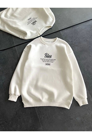 Kışlık Bisiklet Yaka Ön Ve Arka Baskılı SweatShirt - Beyaz