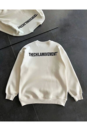 Kışlık Bisiklet Yaka Oversize Baskılı SweatShirt - Beyaz