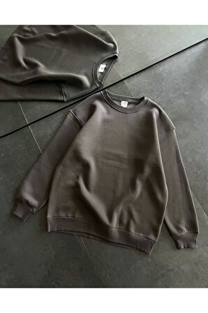 Kışlık Bisiklet Yaka Üç İplik Basic SweatShirt - Füme