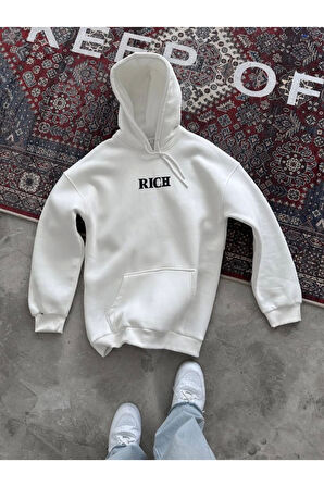 Uzun Kol Kapşonlu Göğüs Baskılı SweatShirt - Beyaz