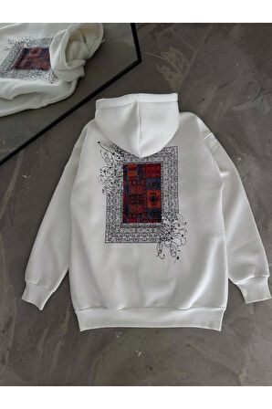 Uzun Kol Kapşonlu Ön Ve Arka Baskılı SweatShirt - Beyaz