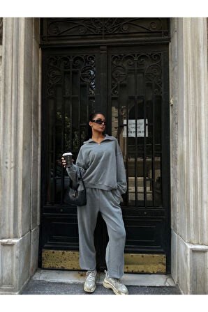 Yıkamalı Iki Iplik Kumaş  Yakalı Fermuarlı Oversize  Eşofman Takımı - Gri