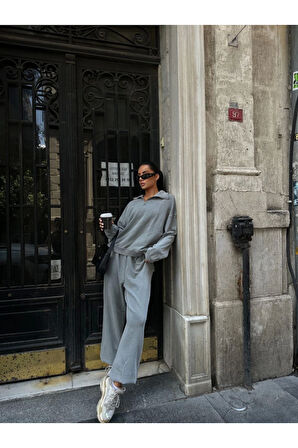 Yıkamalı Iki Iplik Kumaş  Yakalı Fermuarlı Oversize  Eşofman Takımı - Gri