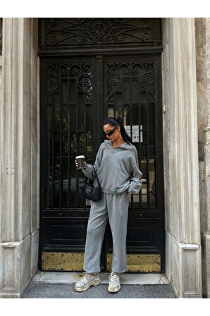 Yıkamalı Iki Iplik Kumaş  Yakalı Fermuarlı Oversize  Eşofman Takımı - Gri