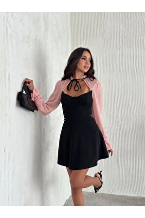 Göğsü Bağlamalı  Kalp Yaka Kolları Şifon Mini Elbise - Siyah Pembe