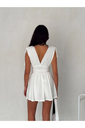 Omuzu Ip Askılı Şortlu Elbise - Beyaz