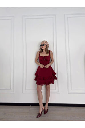 Mini Askılı Elbise - Bordo
