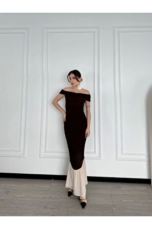 Striptiz Omuzlu Uzun Elbise- Kahve