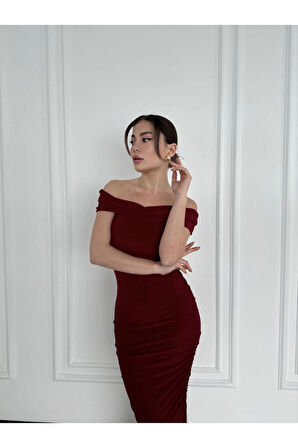 Striptiz Omuzlu Uzun Elbise- Bordo