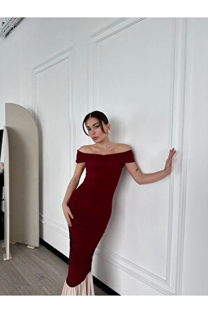 Striptiz Omuzlu Uzun Elbise- Bordo