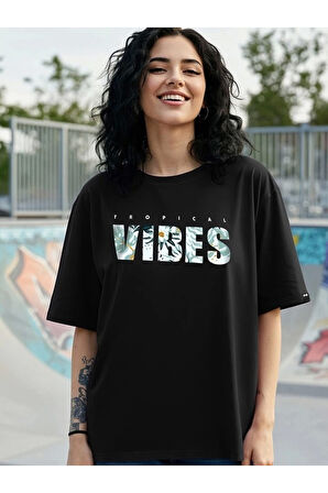 Baskılı Oversize T-shirt - Siyah