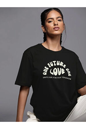 Baskılı Oversize T-shirt - Siyah