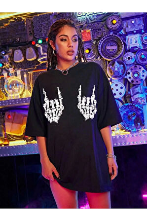 Baskılı Oversize T-shirt - Siyah