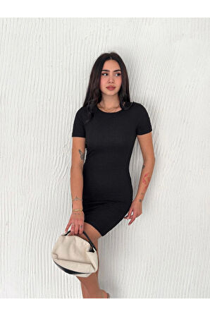 Bisiklet Yaka Kısa Kol Likralı Elbise - Siyah