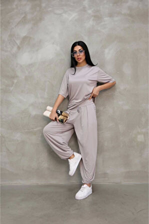 Osy Modal Yumuşak Dokulu Kumaş Oversize Bisiklet Yaka T-shirt Jogger Eşofman Altı Eşofman Takımı - 