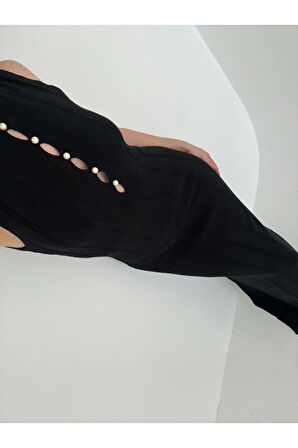 Kalın Fitilli Uzun Triko Elbise - Siyah