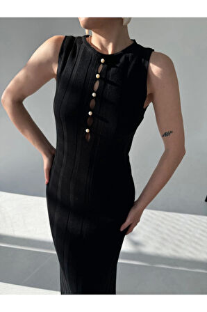 Kalın Fitilli Uzun Triko Elbise - Siyah