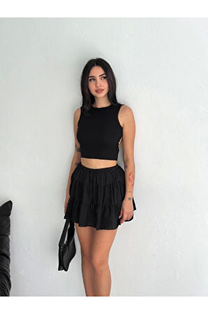 Keten Şortlu Etek - Siyah