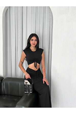 Osy Modal Yumuşak Dokulu Kumaş  Büzgülü Crop Etek Takım - Siyah