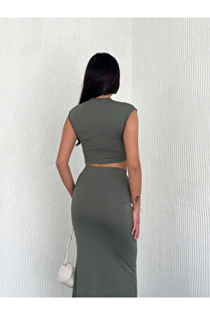 Osy Modal Yumuşak Dokulu Kumaş Büzgülü Crop Etek Takım - Mint Yeşili