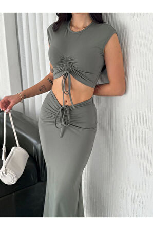 Osy Modal Yumuşak Dokulu Kumaş Büzgülü Crop Etek Takım - Mint Yeşili