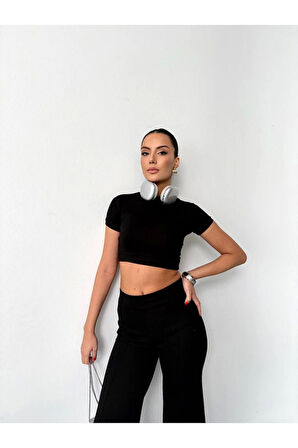 Osy Modal Yumuşak Dokulu Kumaş Kısa Kollu Crop Alt Ispanyol Paça Pantalon Ikili Takım - Siyah