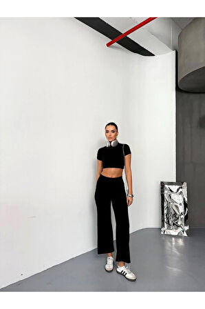 Osy Modal Yumuşak Dokulu Kumaş Kısa Kollu Crop Alt Ispanyol Paça Pantalon Ikili Takım - Siyah