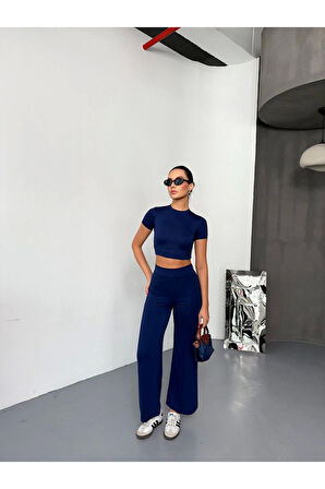 Osy Modal Yumuşak Dokulu Kumaş Kısa Kollu Crop Alt Ispanyol Paça Pantalon Ikili Takım - Lacivert