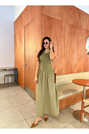 Kolsuz Uzun Elbise - Haki