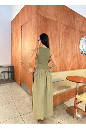 Kolsuz Uzun Elbise - Haki
