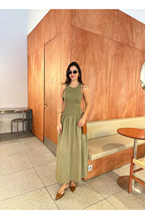 Kolsuz Uzun Elbise - Haki