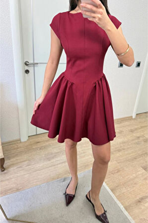Sırt Dekolteli Çan Detaylı Mini Elbise - Bordo