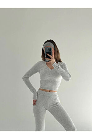 V Yaka Uzun Kollu Bluz İspanyol Paçalı Tayt İkili Takım - Gri