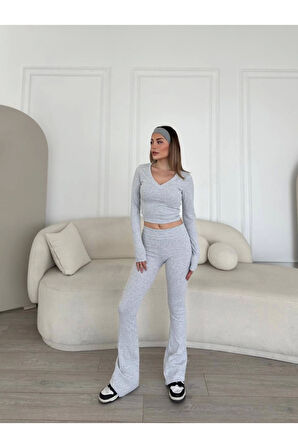 V Yaka Uzun Kollu Bluz İspanyol Paçalı Tayt İkili Takım - Gri