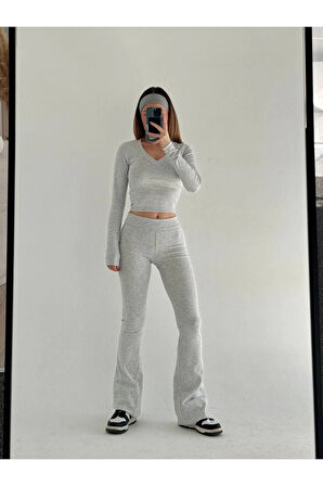 V Yaka Uzun Kollu Bluz İspanyol Paçalı Tayt İkili Takım - Gri