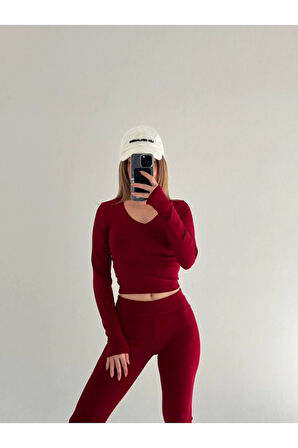 V Yaka Uzun Kollu Bluz İspanyol Paçalı Tayt İkili Takım - Bordo