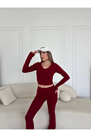 V Yaka Uzun Kollu Bluz İspanyol Paçalı Tayt İkili Takım - Bordo