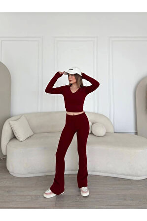 V Yaka Uzun Kollu Bluz İspanyol Paçalı Tayt İkili Takım - Bordo