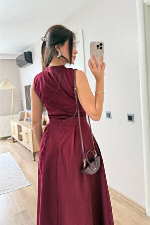 Dik Yuvarlak Yaka Önden Fermuarlı Sifir Kol Beli Oturtmalı Kolsuz Cepli Çan Etekli Uzun Elbise - Bo