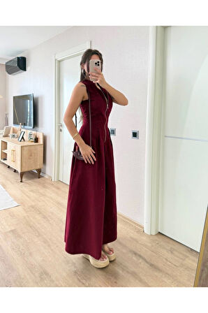 Dik Yuvarlak Yaka Önden Fermuarlı Sifir Kol Beli Oturtmalı Kolsuz Cepli Çan Etekli Uzun Elbise - Bo